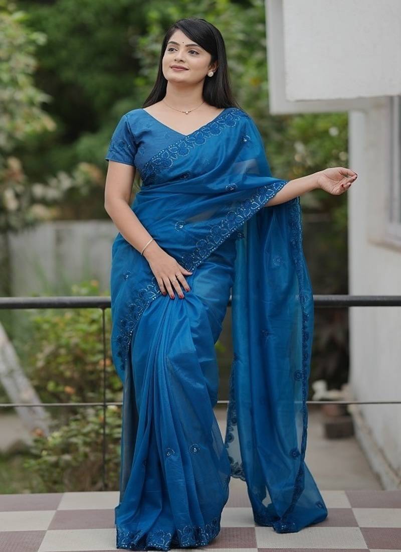 Blue Color Malti Thread & Sequence Embroidery work Net Saree