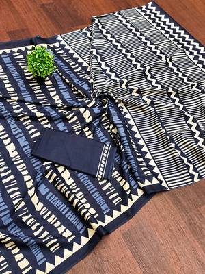 Blue zigzag, striped print mulmul cotton saree with blouse. 5