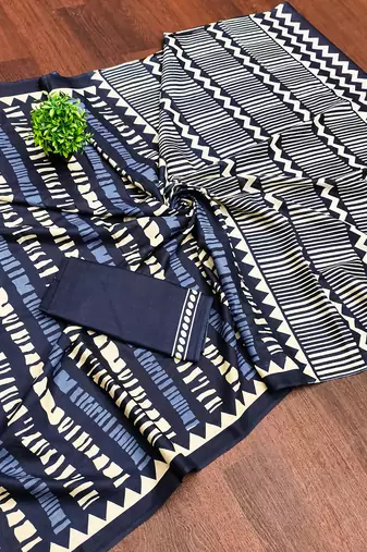 Blue zigzag, striped print mulmul cotton saree with blouse.