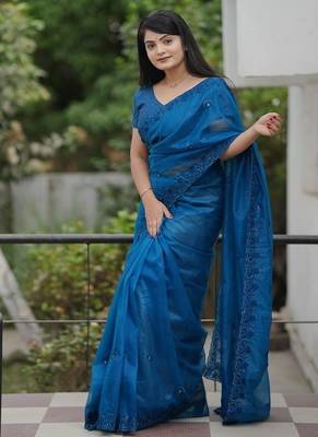 Blue Color Malti Thread & Sequence Embroidery work Net Saree 2