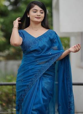 Blue Color Malti Thread & Sequence Embroidery work Net Saree 3