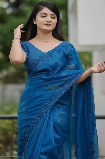 Blue Color Malti Thread & Sequence Embroidery work Net Saree