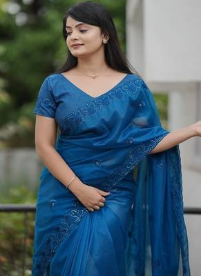 Blue Color Malti Thread & Sequence Embroidery work Net Saree 5