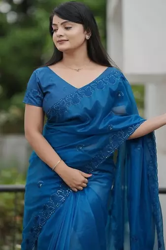 Blue Color Malti Thread & Sequence Embroidery work Net Saree