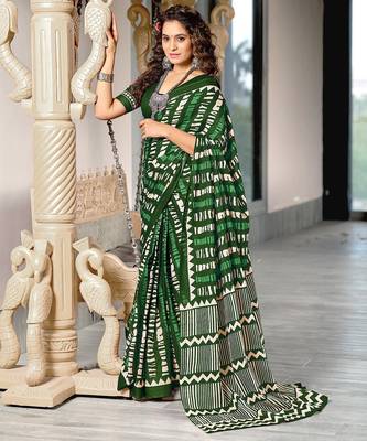 Green zigzag, striped print mulmul cotton saree with blouse. 1