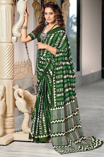 Green zigzag, striped print mulmul cotton saree with blouse.