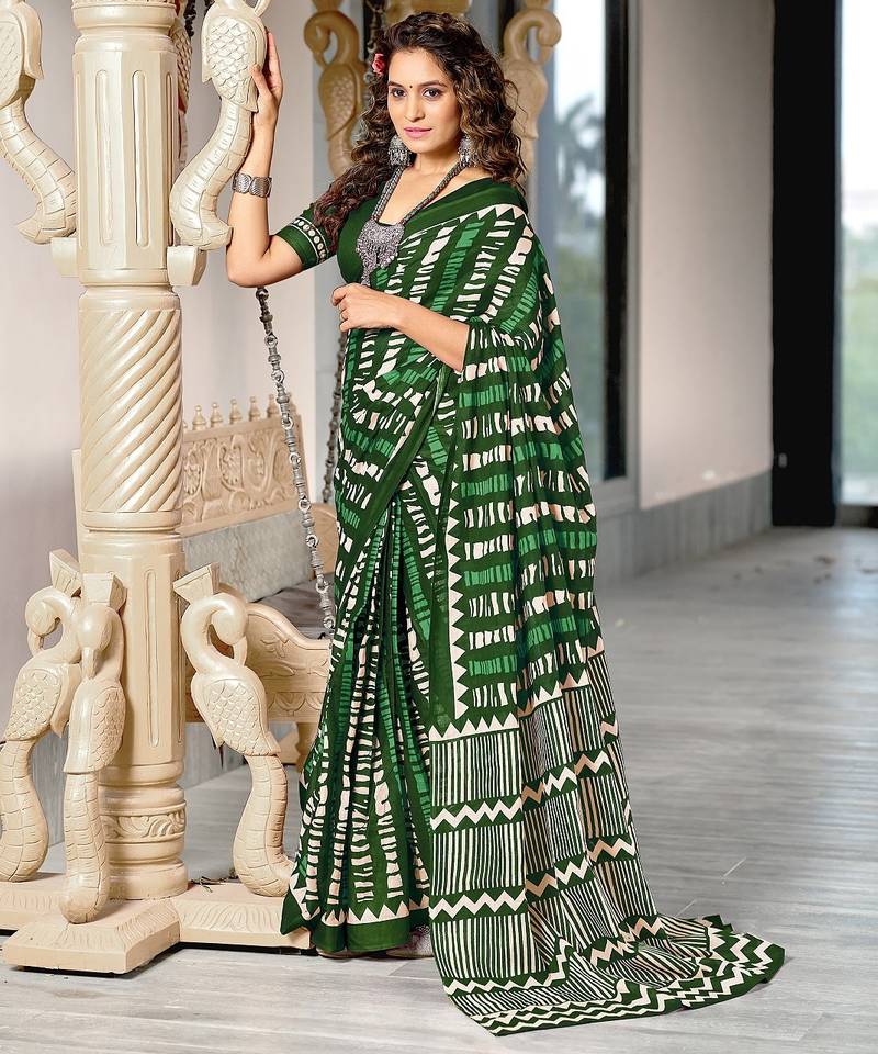 Green zigzag, striped print mulmul cotton saree with blouse.