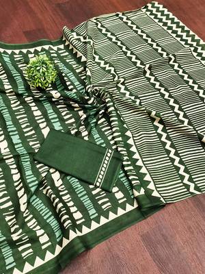 Green zigzag, striped print mulmul cotton saree with blouse. 5