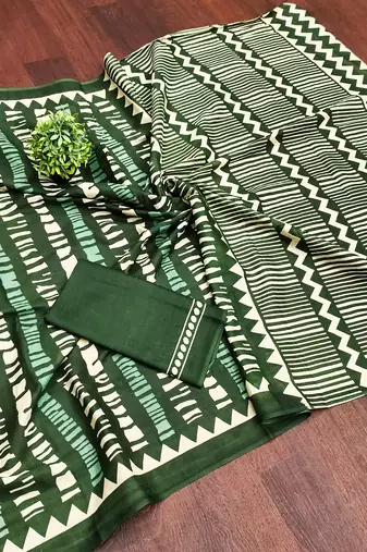 Green zigzag, striped print mulmul cotton saree with blouse.