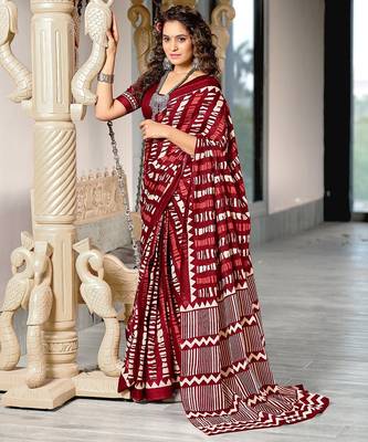 Maroon zigzag, striped print mulmul cotton saree with blouse. 1