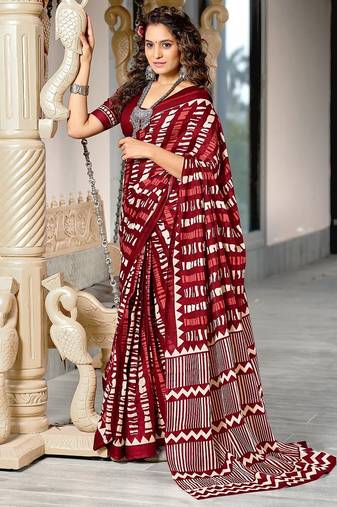 Maroon zigzag, striped print mulmul cotton saree with blouse.
