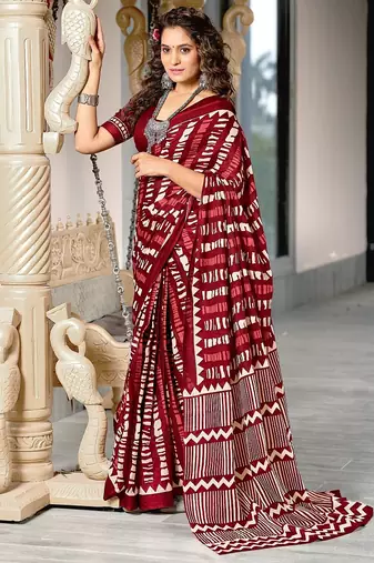 Maroon zigzag, striped print mulmul cotton saree with blouse.