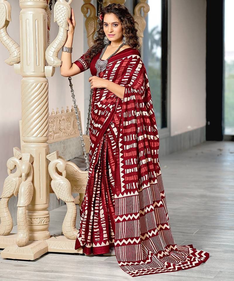 Maroon zigzag, striped print mulmul cotton saree with blouse.