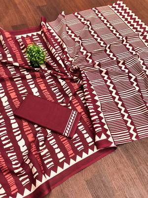 Maroon zigzag, striped print mulmul cotton saree with blouse. 4