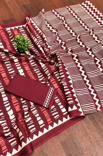 Maroon zigzag, striped print mulmul cotton saree with blouse.