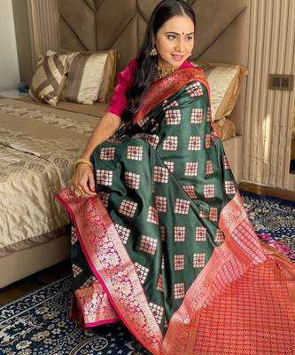 Dark green silk blend banarasi woven saree with unstitched blouse piece 2