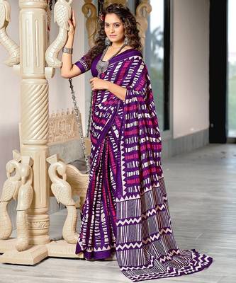 Purple zigzag, striped print mulmul cotton saree with blouse. 1