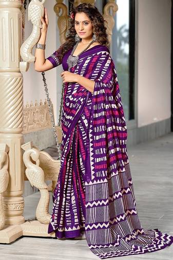 Purple zigzag, striped print mulmul cotton saree with blouse.