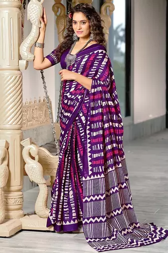 Purple zigzag, striped print mulmul cotton saree with blouse.