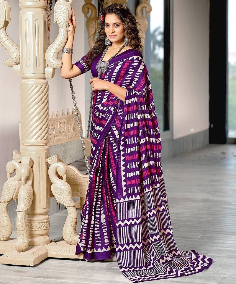 Purple zigzag, striped print mulmul cotton saree with blouse.