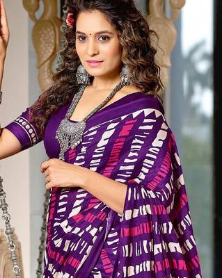 Purple zigzag, striped print mulmul cotton saree with blouse. 2