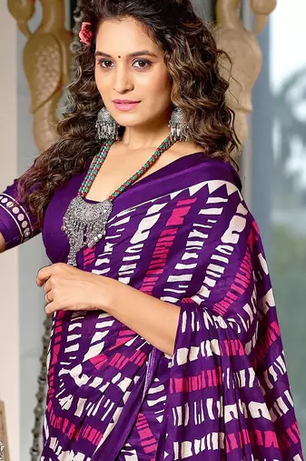 Purple zigzag, striped print mulmul cotton saree with blouse.