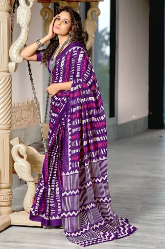Purple zigzag, striped print mulmul cotton saree with blouse.