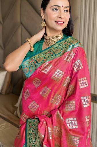 Gajari silk banarasi woven saree with unstitched blouse piece
