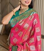 Gajari silk blend banarasi woven saree with unstitched blouse piece