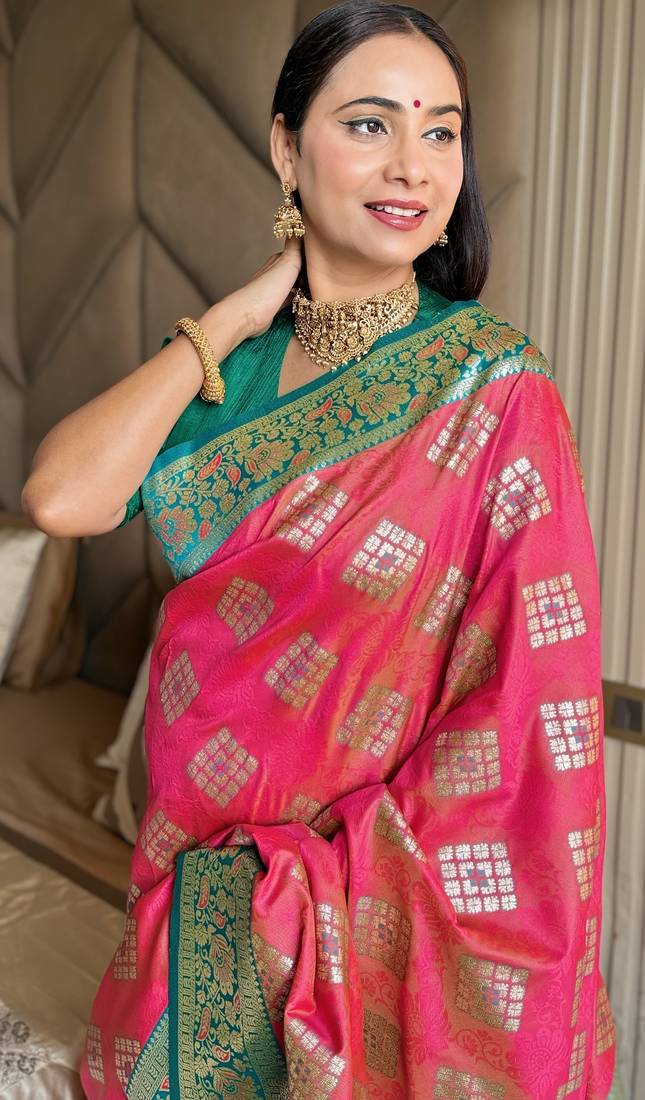 Gajari silk banarasi woven saree with unstitched blouse piece