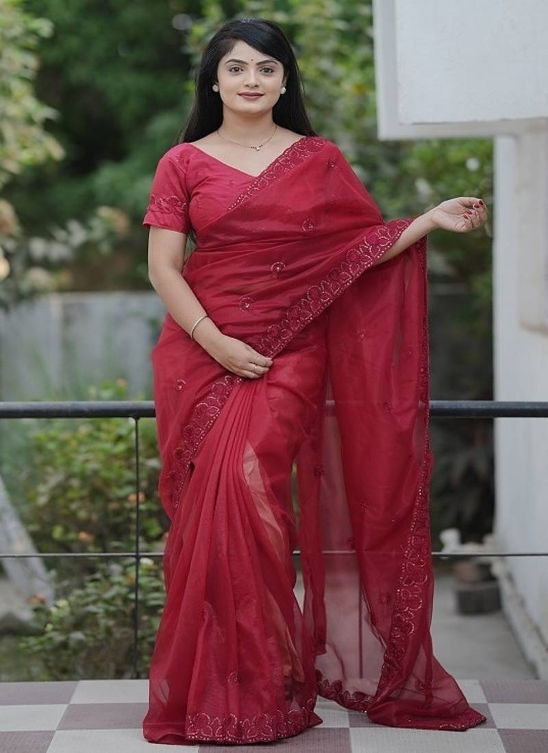 Maroon Color Malti Thread & Sequence Embroidery work Net Saree