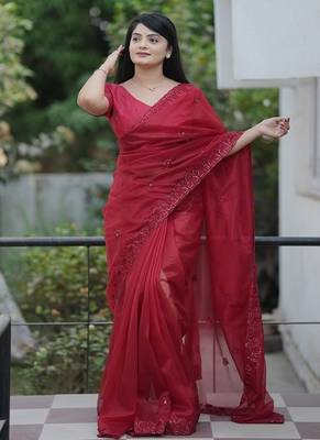 Maroon Color Malti Thread & Sequence Embroidery work Net Saree 2