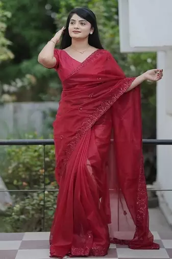 Maroon Color Malti Thread & Sequence Embroidery work Net Saree