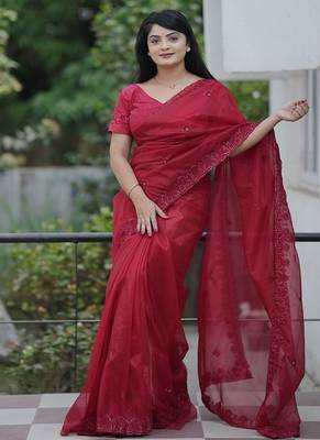 Maroon Color Malti Thread & Sequence Embroidery work Net Saree 3