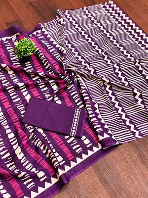 Purple zigzag, striped print mulmul cotton saree with blouse. 5