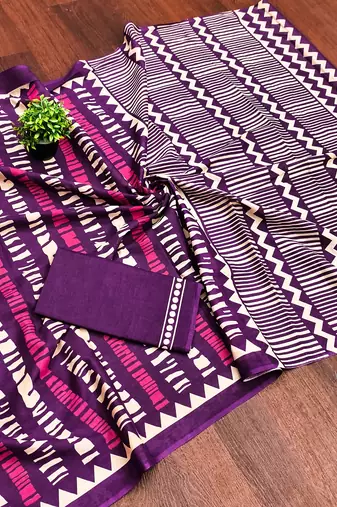 Purple zigzag, striped print mulmul cotton saree with blouse.