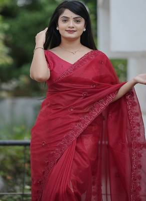 Maroon Color Malti Thread & Sequence Embroidery work Net Saree 5