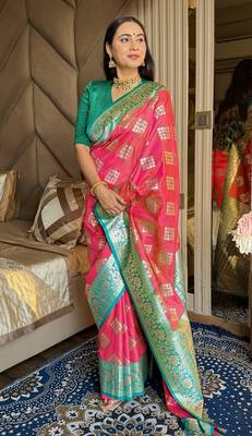 Gajari silk blend banarasi woven saree with unstitched blouse piece 3
