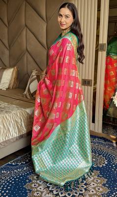 Gajari silk blend banarasi woven saree with unstitched blouse piece 4