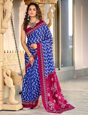 Blue zigzag, floral print mulmul cotton saree with blouse. 1