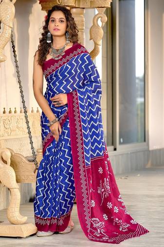Blue zigzag, floral print mulmul cotton saree with blouse.