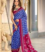 Blue zigzag, floral print mulmul cotton saree with blouse.