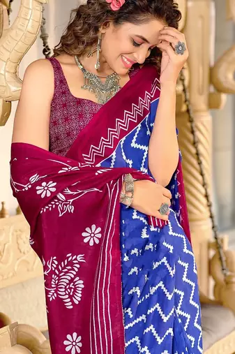Blue zigzag, floral print mulmul cotton saree with blouse.
