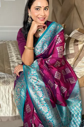 Purple silk banarasi woven saree with unstitched blouse piece