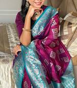 Purple silk blend banarasi woven saree with unstitched blouse piece