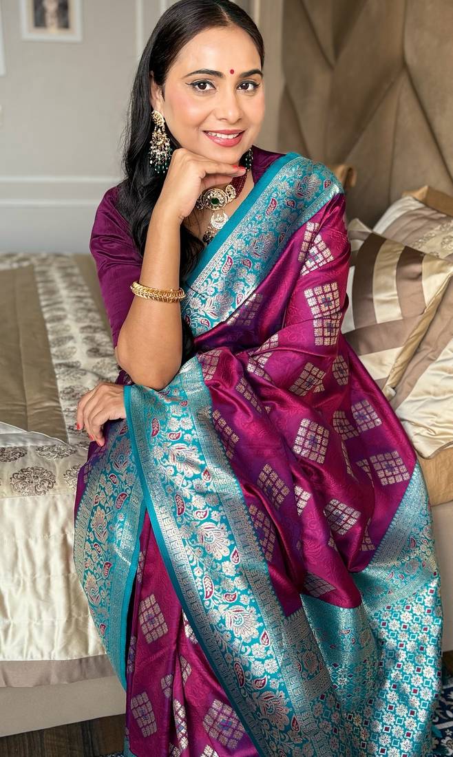 Purple silk banarasi woven saree with unstitched blouse piece