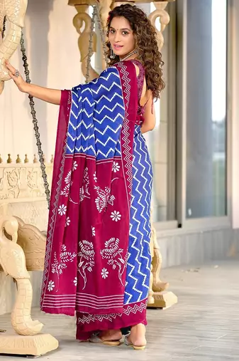 Blue zigzag, floral print mulmul cotton saree with blouse.
