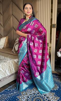 Purple silk blend banarasi woven saree with unstitched blouse piece 2