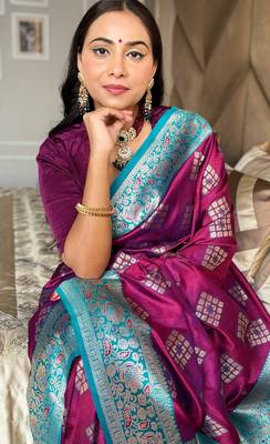Purple silk blend banarasi woven saree with unstitched blouse piece 3