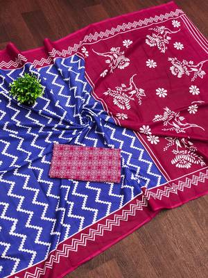 Blue zigzag, floral print mulmul cotton saree with blouse. 5